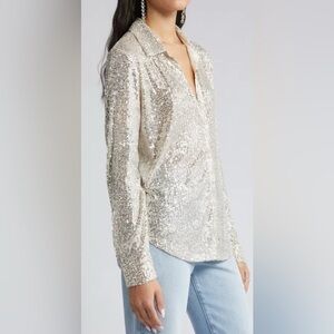 Halogen Silver Sequin Button Down Shirt